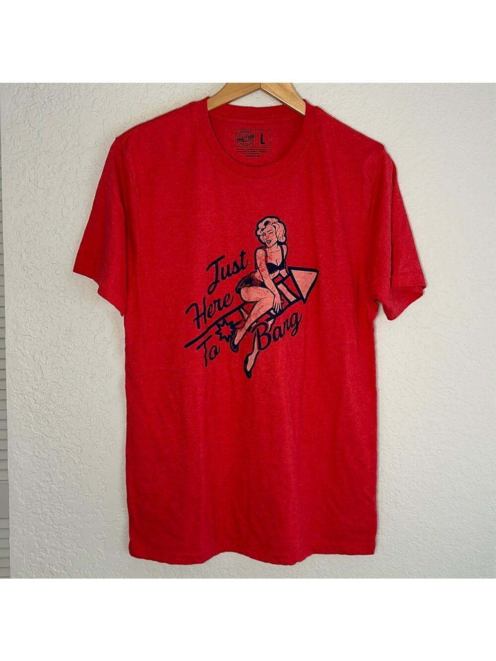 NEW July 4th T-Shirt Just Here to Bang Red Firecracker Pinup Girl Summer Tee